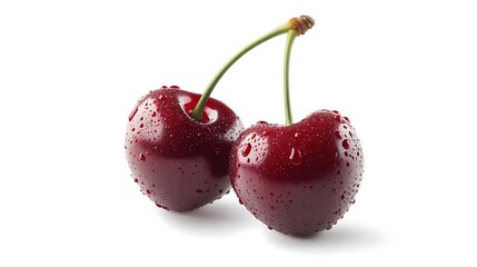 Two ripe cherries with water drops on white background.