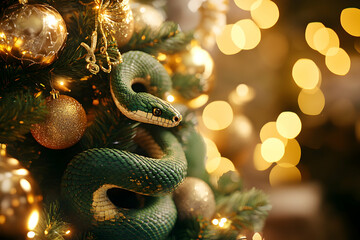 Fototapeta premium Green snake coiled around a Christmas tree with gold ornaments and lights