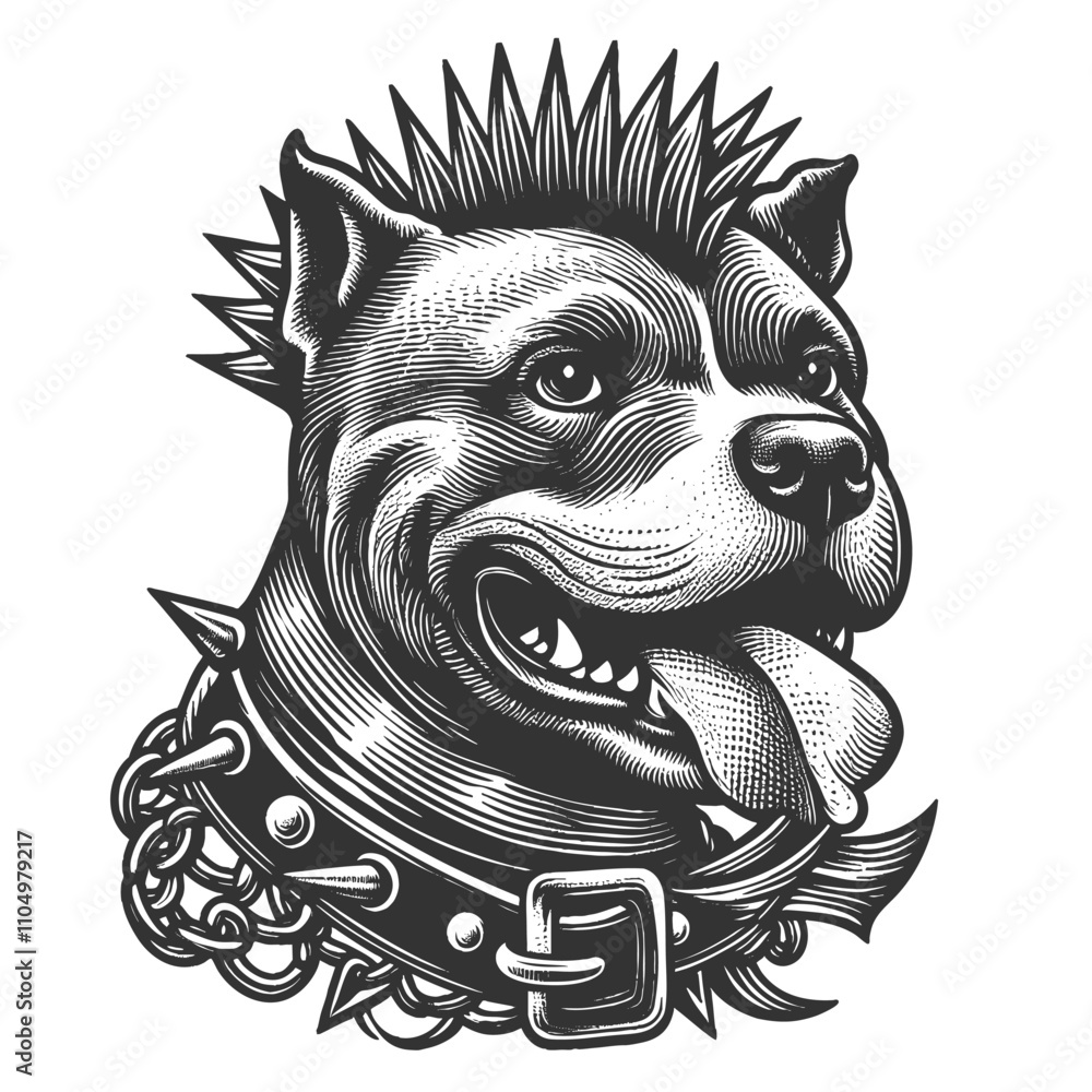 Poster punk rock dog in a spiked collar with a mohawk, rebellious attitude with playful canine charm sketch