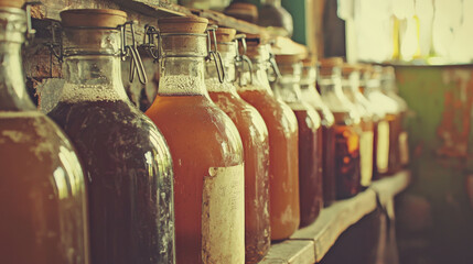 row of vintage glass bottles filled with kombucha sits on rustic wooden shelf, bathed in warm, nostalgic light. scene evokes sense of tradition and artisanal craftsmanship