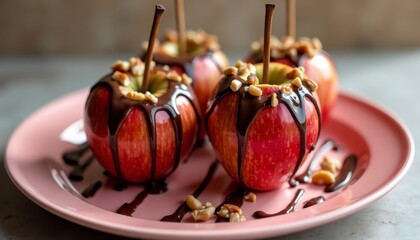 Chocolate-dipped apples on a pink plate