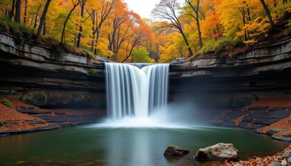 Waterfall in a canyon with colorful autumn foliage