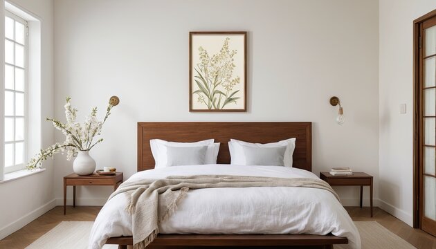 Modern bedroom interior with a wooden bed frame, white bedding, and minimalist decor, creating a cozy and inviting atmosphere.

