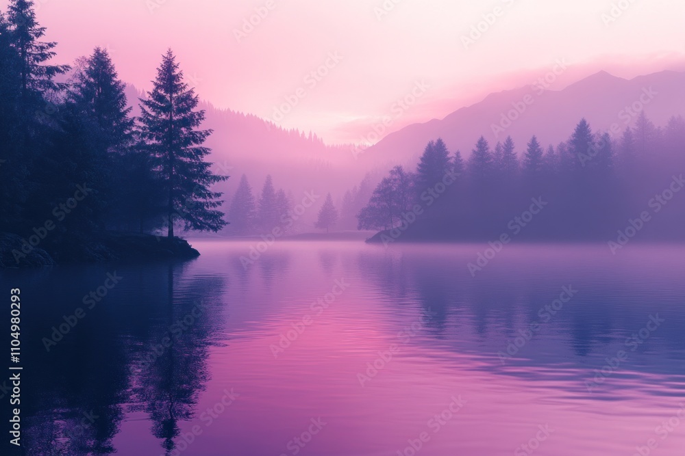 Poster a serene and tranquil scene of a lake surrounded by trees and mountains, with the morning mist creat
