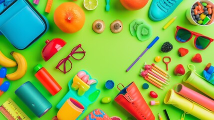 Naklejka premium A flat lay of colorful objects arranged on a green background.