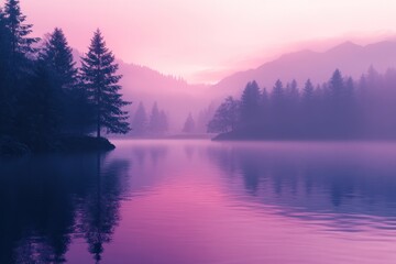 Fototapeta premium A serene and tranquil scene of a lake surrounded by trees and mountains, with the morning mist creating a soft and ethereal atmosphere. The colors are soft and calming