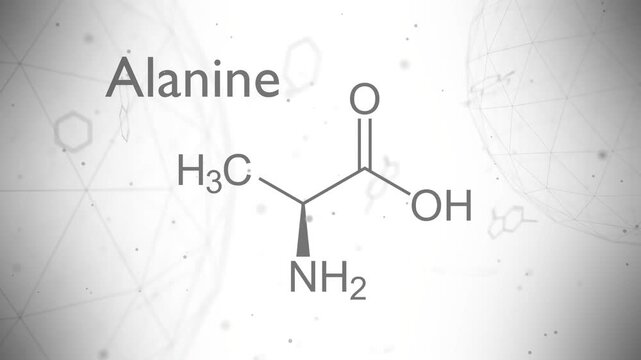 Alanine chemical formula. Alanine amino acid molecular bond structure. Medicine and biosynthesis study. 3D render.