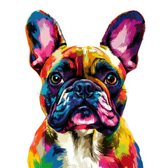 Colorful French bulldog illustration on vibrant animal print background showcasing unique artistic style, an animal print with a colorful french bulldog, isolated, transparent background.