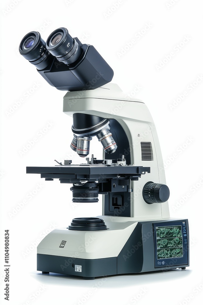 Poster modern binocular microscope with digital display.