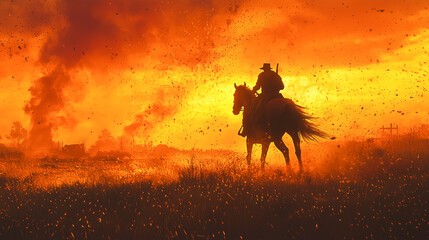 Cowboy Silhouette Against a Fiery Sunset on Horseback