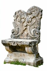 Ornate stone bench, weathered, floral carvings.