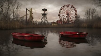 Abandoned amusement park by a still, dark pond with rusty red rowboats.