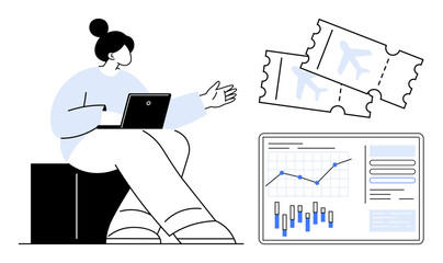 Woman using laptop while gesturing, two flight tickets, screen displaying data charts. Ideal for travel planning, business analysis, online booking, remote work, vacation preparation, data