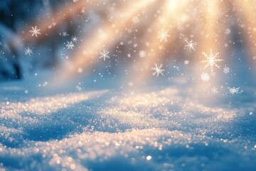 Close-up of fresh white snow with sun rays and falling snowflakes.