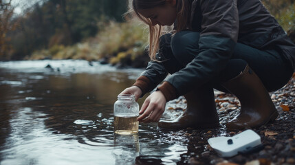 Young woman checking water quality as part of an environmental survey, standing at the edge of a river and collecting a sample in a jar. She wears waterproof boots
