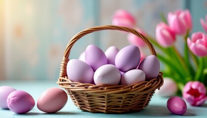 Basket of pastel eggs; Purple eggs in basket; Eggs on light blue