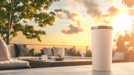 Sunset Soiree: Chic Tumbler Mockup on Stylish Patio for Gatherings with Breathtaking View