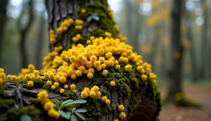 Yellow moss growing on tree trunk in forest