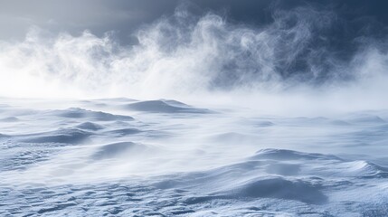 Fototapeta premium Snowy landscape with windblown drifts and mist