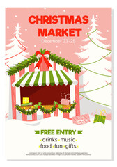 A Christmas market invitation template with a flat illustration. An illustration of a trading tent for the sale of Christmas gifts in pink and green shades.