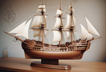 Intricate Wooden Model Ship with Full Sails on Display 