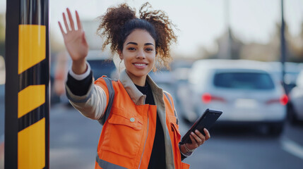 Young woman working as a parking attendant, standing at the entrance of a lot and directing vehicles to open spaces waving at drivers with a friendly demeanor