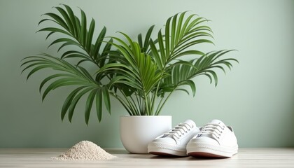Obraz premium Green plant in white pot next to shoes on table