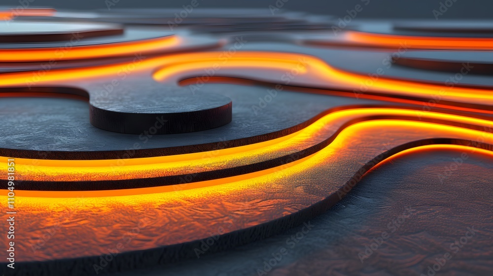 Poster abstract 3d rendering of glowing orange lines on a textured gray surface.