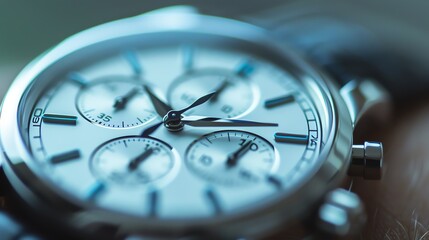 A close-up of a silver chronograph watch.