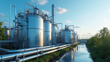 Obraz premium Tall metallic storage tanks line a serene riverbank under a clear blue sky. Lush greenery surrounds the industrial area, showcasing the harmony between nature and industry