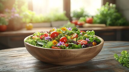 Fresh and Colorful Salad Bowl on Wooden Table in Rustic Kitchen Setting