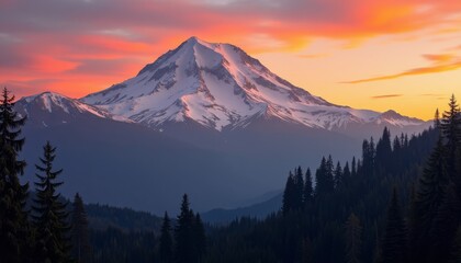 A mountain peak glowing with the last light of day amid a forested valley