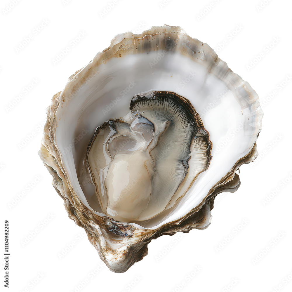 Poster open oyster shell showcasing its unique interior on a clean transparent background, an open oyster s