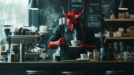 Fiery Demon Barista with Small Horns, Brewing Magic in a Coffee Shop