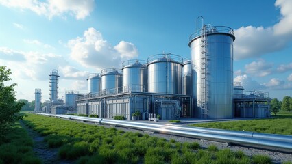 Fototapeta premium An industrial facility features multiple large storage tanks and piping, surrounded by lush greenery and under a clear blue sky. The structure denotes modern manufacturing