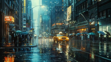Obraz premium A rainy city street at night, with a yellow cab driving down the middle of the road and people walking on the sidewalk with umbrellas.