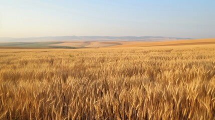 Obraz premium A field of golden wheat with rolling hills in the distance.