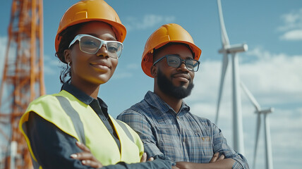 Engineers on wind turbine farm, showcasing teamwork and innovation