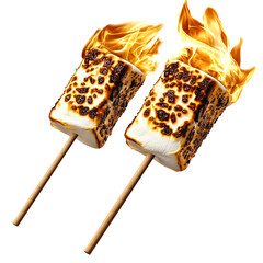Burnt marshmallows on sticks with flames, white isolated background.