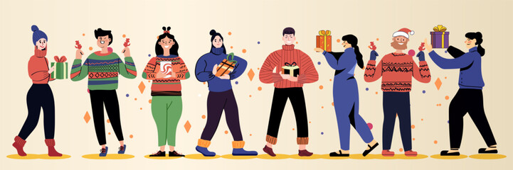 People exchanging gifts festive winter scene colorful sweaters cheerful expressions abstract background holiday celebration