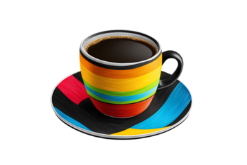 Colorful coffee cup with black coffee on a decorative saucer, isolated on white.
