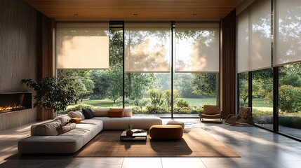 Elegant interior with automated roller blinds, solar and blackout shades, and wooden wall panels, highlighting electric sunscreen curtains for a refined look.