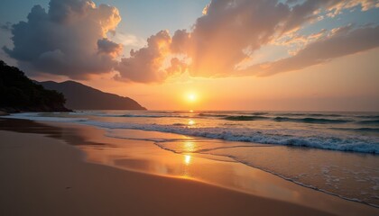 Fototapeta premium Sun setting over a beach with ocean waves
