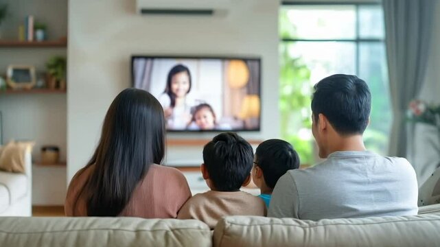 Family sitting at home watching tv television