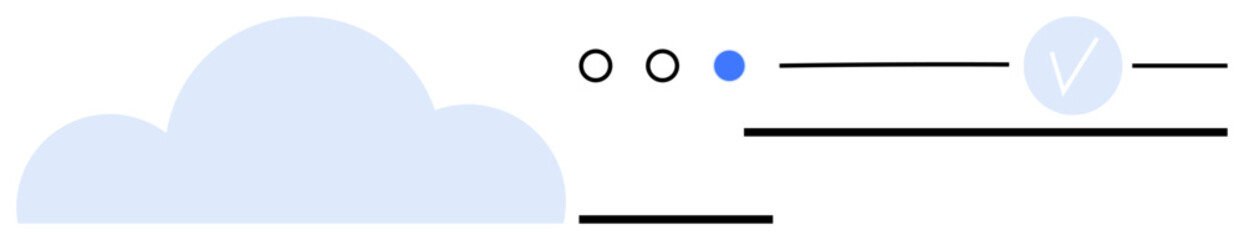 Cloud symbol with horizontal lines, status circles, and checkmark. Ideal for cloud computing, data backup, file sharing, synchronization, online services tech support and network management. Line