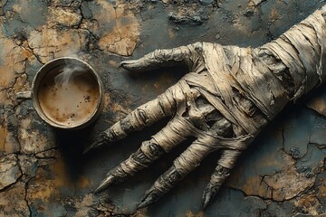 Fototapeta premium Mummy hand reaching for steaming coffee on cracked earth.