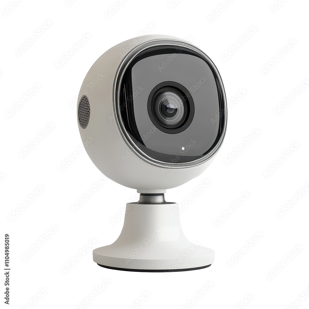Poster a modern computer webcam resting on a round base against a minimalistic transparent background, a co