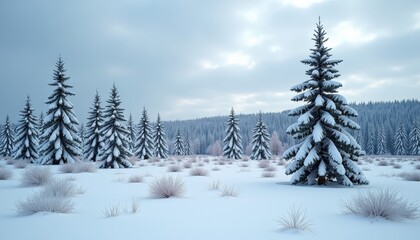 Fototapeta premium Snow-covered trees in a field on a cloudy day