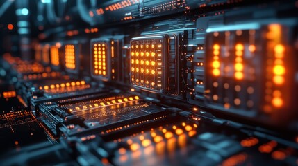 Fototapeta premium Close-up of glowing server racks in a data center, with intricate circuitry and orange lights.