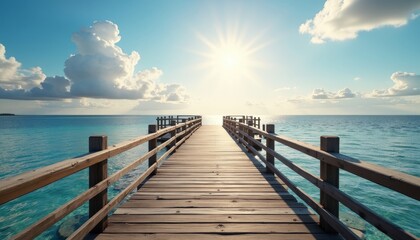 Obraz premium Long wooden pier jutting into the ocean with a bright sun setting in the distance behind fluffy clouds